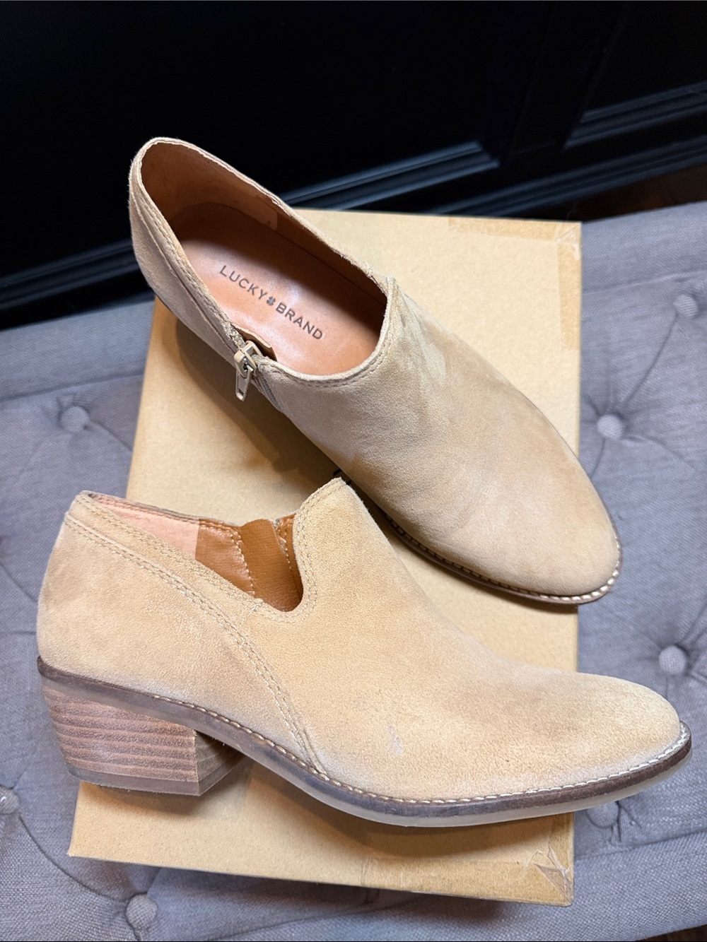 Lucky Brand Light Tan Suede Stacked Heel Booties